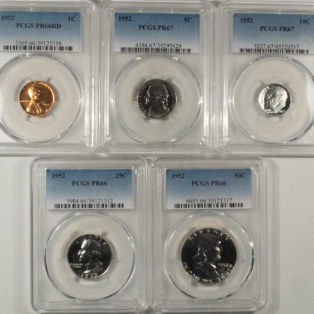 New Certified Coins 1952 5 COIN US SILVER PROOF SET – PCGS PR-66RD/67/67/66/66, GEM!