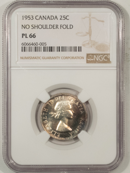 New Certified Coins CANADA 1953 TWENTY FIVE CENTS 25C KM-52 NO SHOULDER FOLD – NGC PL-66, PROOFLIKE!