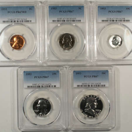 New Certified Coins 1953 5 COIN US SILVER PROOF SET – PCGS PR-67, SUPERB GEM MATCHED SET! RED CENT!