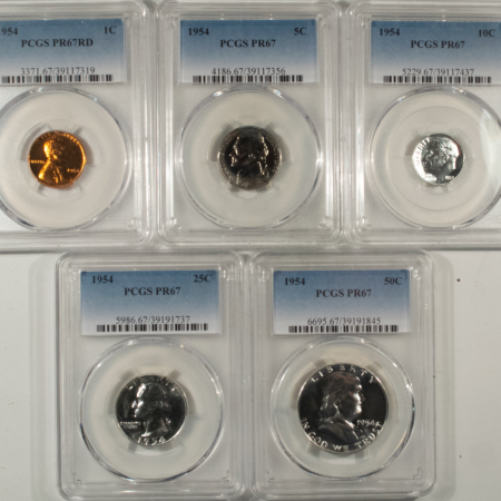 New Certified Coins 1954 5 COIN US SILVER PROOF SET – PCGS PR-67, SUPERB GEM WITH RED CENT!