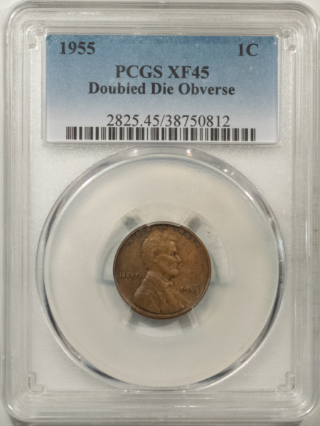 Lincoln Cents (Wheat) 1955 LINCOLN CENT DOUBLED DIE OBVERSE – PCGS XF-45, KEY-DATE!