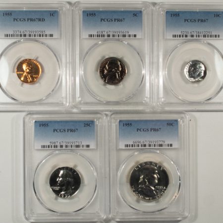 New Certified Coins 1955 5 COIN US SILVER PROOF SET – PCGS PR-67, SUPERB GEM WITH RED CENT!