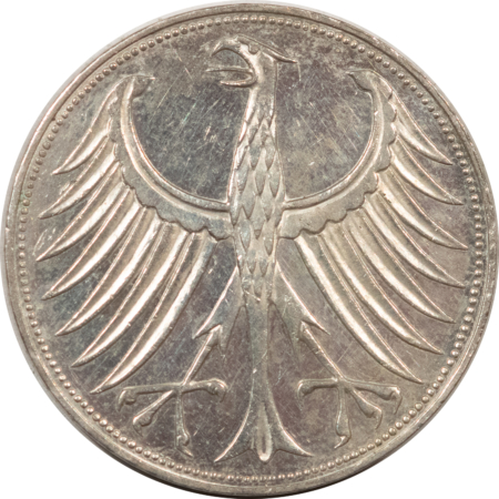 New Store Items 1957F GERMANY 5 MARK SILVER KM1121 HIGH GRADE, PROOFLIKE BUT CLEANED, TOUGH DATE