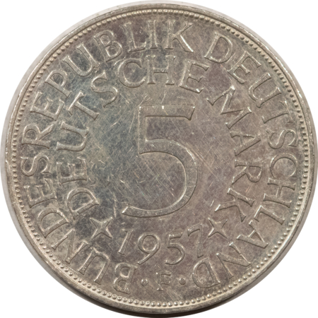 New Store Items 1957F GERMANY 5 MARK SILVER KM1121 HIGH GRADE, PROOFLIKE BUT CLEANED, TOUGH DATE