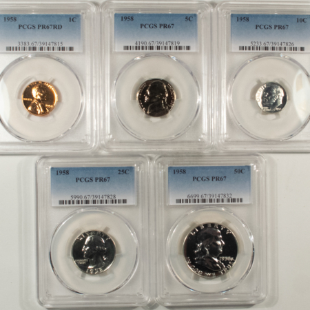 New Store Items 1958 5 COIN US SILVER PROOF SET – PCGS PR-67, MATCHED SUPERB GEM WITH RED CENT!