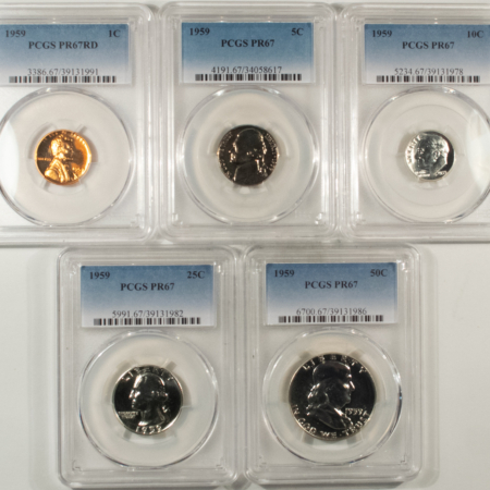 New Certified Coins 1959 5 COIN US SILVER PROOF SET – PCGS PR-67, MATCHED SUPERB GEM WITH RED CENT!