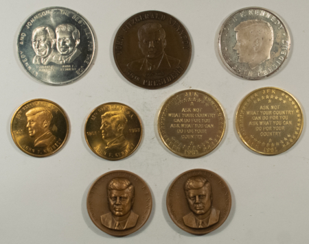 Exonumia 1960-1964 KENNEDY MEDAL/TOKEN 7 PC LOT, INAUGURAL/MEMORIAL/ADVERTISING – UNCIRC