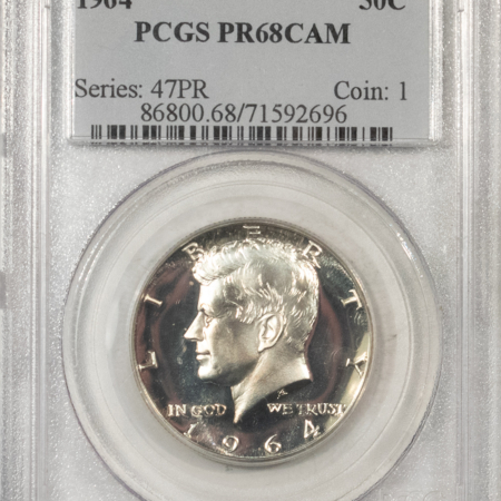 Kennedy Halves 1964 PROOF KENNEDY HALF DOLLAR – PCGS PR-68 CAM, CAMEO, VIRTUALLY FLAWLESS