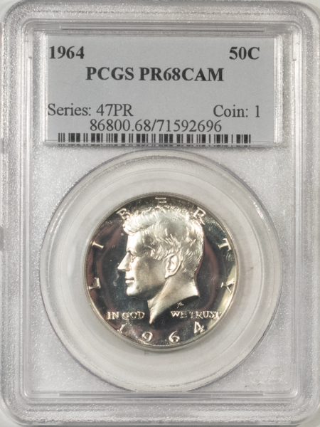 Kennedy Halves 1964 PROOF KENNEDY HALF DOLLAR – PCGS PR-68 CAM, CAMEO, VIRTUALLY FLAWLESS