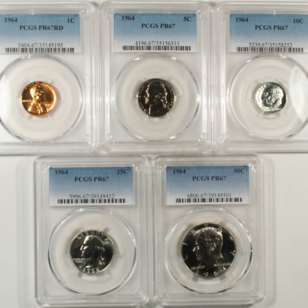 New Certified Coins 1964 5 COIN US SILVER PROOF SET – PCGS PR-67, MATCHED SUPERB GEM WITH RED CENT!