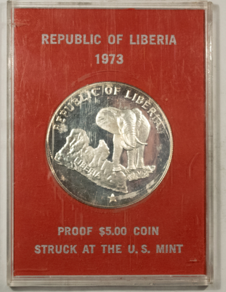 New Store Items 1973 LIBERIA PROOF $5 SILVER .9867 ASW, KM#29 – GEM PROOF WITH CASE!