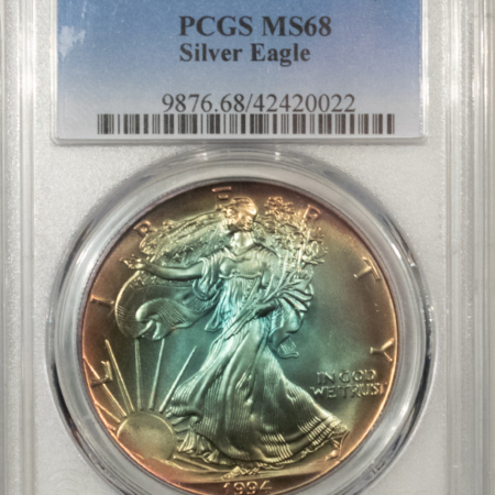 American Silver Eagles 1994 $1 AMERICAN SILVER EAGLE, 1 OZ .999 – PCGS MS-68 MONSTER TONED AQUA GREEN