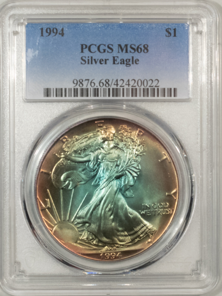 American Silver Eagles 1994 $1 AMERICAN SILVER EAGLE, 1 OZ .999 – PCGS MS-68 MONSTER TONED AQUA GREEN