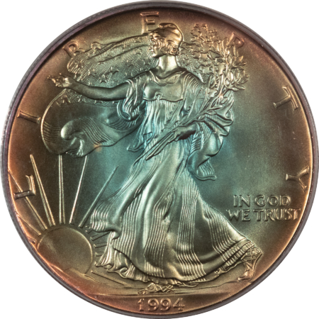 American Silver Eagles 1994 $1 AMERICAN SILVER EAGLE, 1 OZ .999 – PCGS MS-68 MONSTER TONED AQUA GREEN