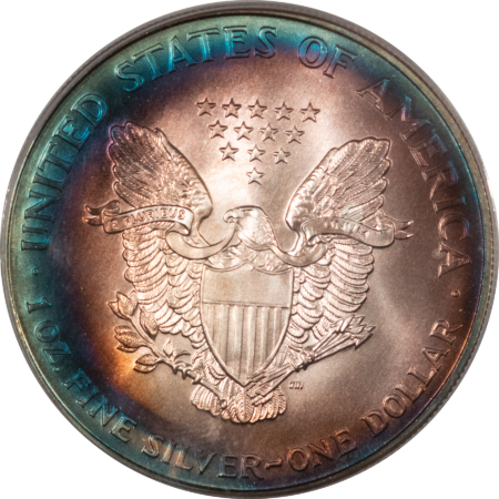 American Silver Eagles 1994 $1 AMERICAN SILVER EAGLE, 1 OZ .999 – PCGS MS-68 MONSTER TONED AQUA GREEN