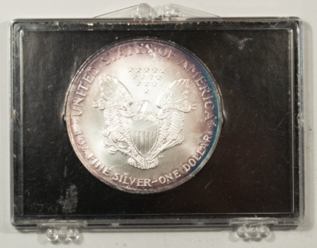 American Silver Eagles 2000 $1 AMERICAN SILVER EAGLE, 1 OZ .999 – GEM BU WITH PRETTY TONING IN CASE!