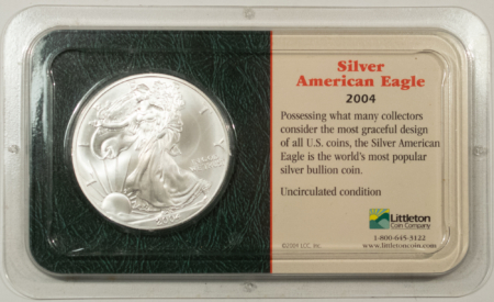 American Silver Eagles 2004 $1 AMERICAN SILVER EAGLE, 1 OZ .999 – GEM BU IN LITTLETON PACKAGING!