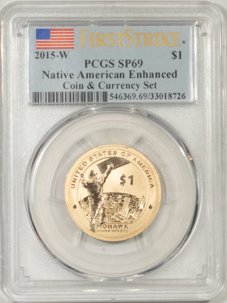 Modern Dollars (Eisenhower/SBA/Sacagewea/Presidential) 2015-W NATIVE AMERICAN GOLD SACAGAWEA DOLLAR – PCGS SP-69 FIRST STRIKE, ENHANCED