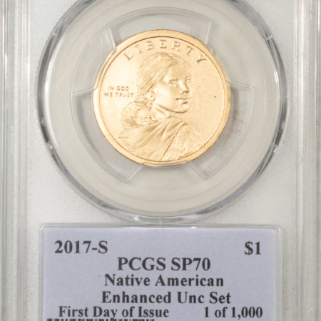 Modern Dollars (Eisenhower/SBA/Sacagewea/Presidential) 2017-S $1 NATIVE AMERICAN GOLD SACAGAWEA DOLLAR – PCGS SP-70, 1ST DAY, ENHANCED