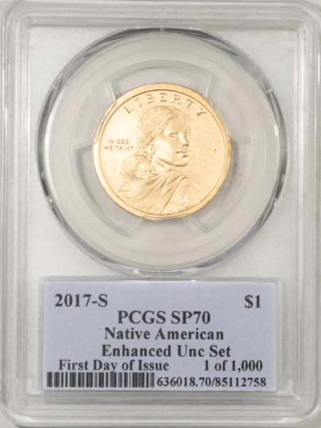 Modern Dollars (Eisenhower/SBA/Sacagewea/Presidential) 2017-S $1 NATIVE AMERICAN GOLD SACAGAWEA DOLLAR – PCGS SP-70, 1ST DAY, ENHANCED