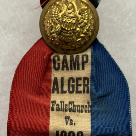 New Store Items 1898 CAMP ALGER, FALLS CHURCH, VIRGINIA 2 7/8″ BRASS UNIFORM BUTTON W/ RIBBON