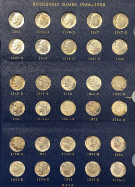 New Store Items 1946-1972 60 COIN ROOSEVELT DIME SET, W/ ALL 48 SILVER DIMES, AU – UNCIRCULATED