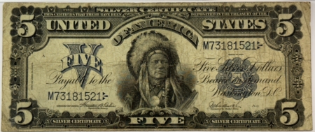 Large Silver Certificates 1899 $5 SILVER CERTIFICATE, INDIAN CHIEF, FR#278 – PMG CHOICE FINE 15, ORIGINAL