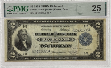 Large Federal Reserve Notes 1918 $2 FEDERAL RESERVE BANKNOTE, BATTLESHIP, RICHMOND FR#761 – PMG VERY FINE 25