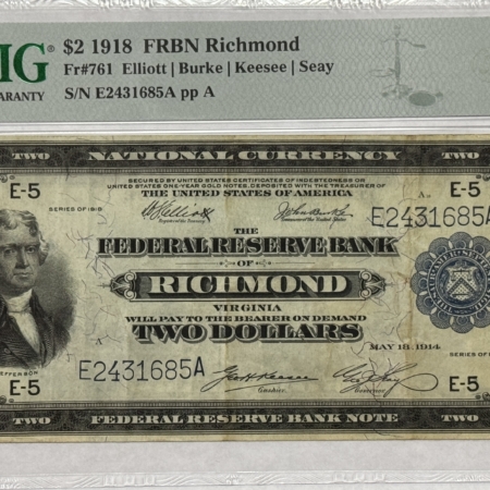 Large Federal Reserve Notes 1918 $2 FEDERAL RESERVE BANKNOTE, BATTLESHIP, RICHMOND FR#761 – PMG VERY FINE 25