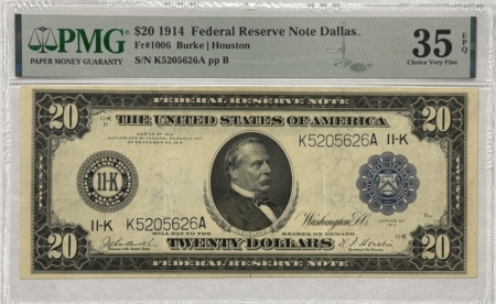 Large Federal Reserve Notes 1914 $20 FEDERAL RESERVE NOTE, DALLAS FR#1006 – PMG CHOICE VF 35 EPQ SUPER NICE!