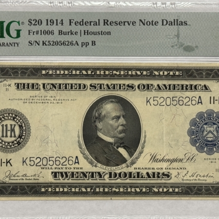 Large Federal Reserve Notes 1914 $20 FEDERAL RESERVE NOTE, DALLAS FR#1006 – PMG CHOICE VF 35 EPQ SUPER NICE!