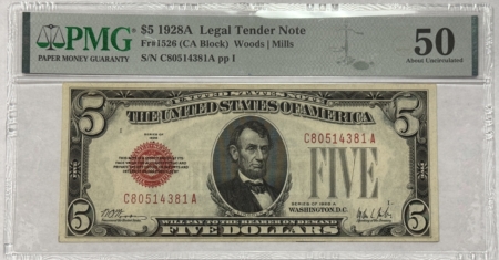 Legal Tender 1928A $5 US RED SEAL LEGAL TENDER NOTE, FR#1526 (CA BLOCK) – PMG AU50 ABOUT UNC!