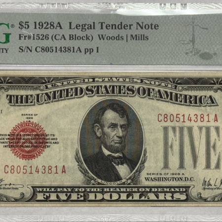 Legal Tender 1928A $5 US RED SEAL LEGAL TENDER NOTE, FR#1526 (CA BLOCK) – PMG AU50 ABOUT UNC!