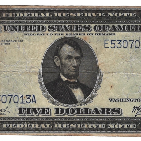 Large Federal Reserve Notes 1914 $5 FEDERAL RESERVE NOTE, RICHMOND, FR-860, ORIGINAL VF