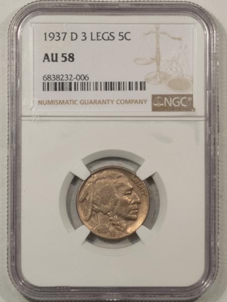 Buffalo Nickels 1937-D 3 LEGS BUFFALO NICKEL – NGC AU-58, NICE SMOOTH KEY-DATE!